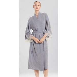 Natori Soft Luxe Shangra-La Tencel Robe Blue Belted Lace Trim Sleeves Sz Small